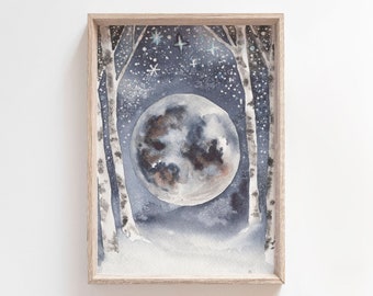 Full Moon Watercolor Art Print - Winter Moon Painting - Forestcore Decor - Magical Wall Art for Winter Solstice - Gift Idea for Her
