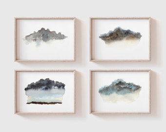 Abstract Cloud Wall Art Set of 4 - Modern Watercolor Sky Paintings for Instant Gallery Wall