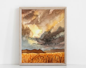 Stormy Skies Fine Art Print - Badlands Watercolor Landscape Painting - Prairie Wall Art