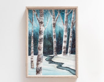 Original Winter Birch Trees Painting - Watercolor Landscape Painting - Snowy Birch Tree Art for Winter Home Decor - Yule Wall Art