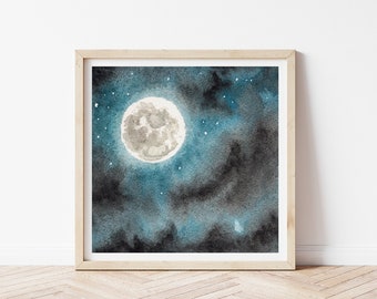 Full Moon Art Print - Dreamy Watercolor Moon Wall Art - Night Sky Painting - Modern Home Decor
