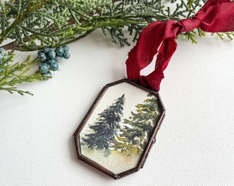 Mini Gallery Wall Art - Watercolor Evergreen Tree Painting - Miniature Forest Landscape Art - One of a Kind Art Ornament