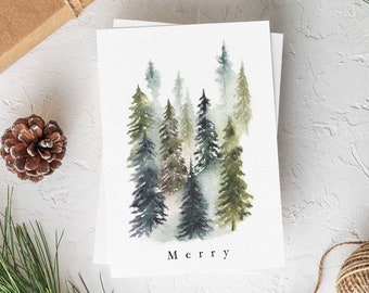 Merry Note Cards for Winter Holidays - Set of Boxed Greeting Cards for the Holiday Season - Misty Watercolor Evergreen Christmas Greetings