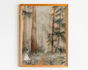 Ghost Walk Painting - Halloween Art Print - Fall Watercolor Landscape Wall Art - Cute Ghost Artwork - Haunted Forest Art Shipped to You