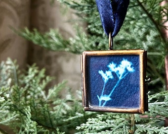 Mini Botanical Print Ornament - Mini Christmas Ornament for Small Trees - Botanical Cyanotype Art Print - Unique Gift Idea for Plant Lovers