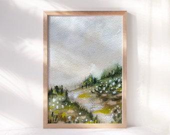 Original Mountain Wildflower Painting - Abstract Landscape Art - Mixed Media Meadow Art in Pastels - One of. a Kind Gift for Nature Lovers