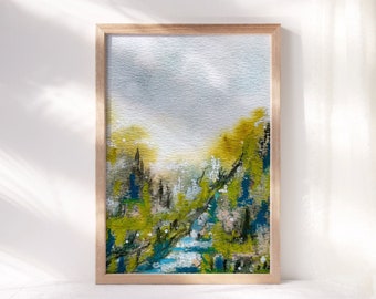 Original Landscape Painting - Watercolor Mountain Stream Scenery - Mixed Media Gallery Wall Art - One of a Kind Gift for Art Lovers