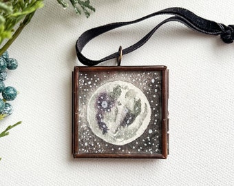 Full Moon Ornament - Pocket Sized Full Moon Painting - Original Mini Watercolor Art - Gift Idea for Space Lovers