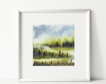 Watercolor Forest Art - Foggy Forest Print - Misty Tree Painting