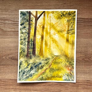Original Sunlit Forest Morning Landscape Painting - Watercolor Tree Art - One of a Kind Painting for Cozy Cabin Decor