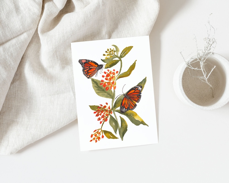 Monarch Butterfly on Milkweed Fine Art Print Wildflower Watercolor Wall Art for Nature Lovers image 4