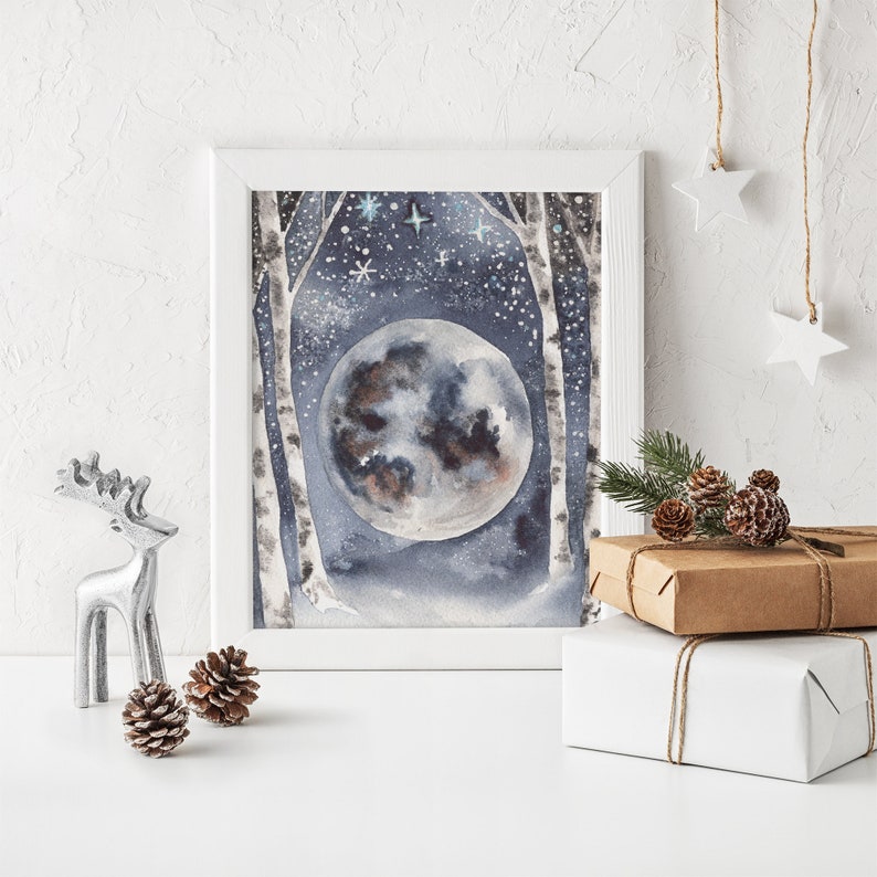 Full Moon Watercolor Art Print Winter Moon Painting Forestcore Decor Magical Wall Art for Winter Solstice Gift Idea for Her image 4