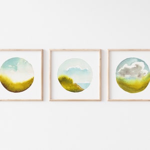 Orb Landscape Art Print Set of 3 - Dreamy Watercolor Landscape Paintings for Instant Gallery Wall Art