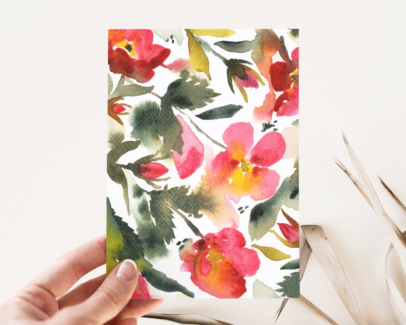 Cottagecore Valentine's Day Card Blank Valentine Botanical Watercolor Wild Rose Note Card Coquette Aesthetic Greeting Card for Her image 1