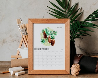 Printable Types of Trees Monthly Calendar - 2023 Watercolor Leaves Desk Calendar - Hanging Wall Calendar for Nature Lovers - Instant Gift