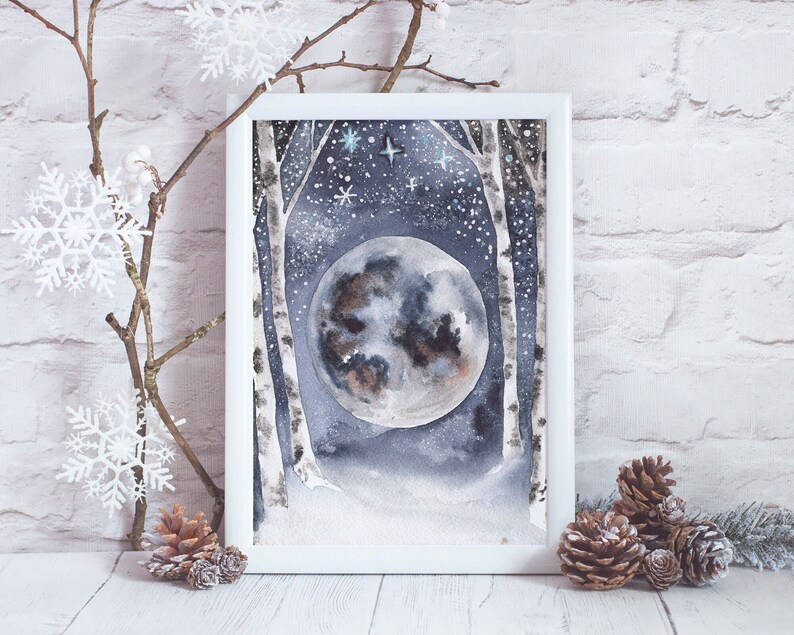 Full Moon Watercolor Art Print Winter Moon Painting Forestcore Decor Magical Wall Art for Winter Solstice Gift Idea for Her image 2