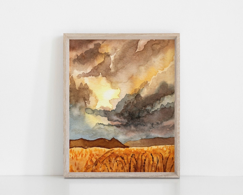 Stormy Skies Fine Art Print Badlands Watercolor Landscape Painting Prairie Wall Art image 1