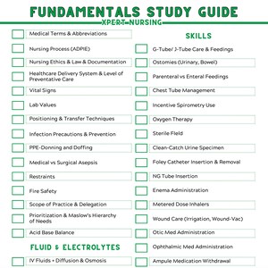 K&ouml;nnte beinhalten: Ein gr&uuml;n-wei&szlig;es Studienhandbuch mit dem Titel "Fundamentals Study Guide" mit einer Liste medizinischer Begriffe, Pflegeprozesse und F&auml;higkeiten. Der Leitfaden umfasst Themen wie Vitalzeichen, Sauerstofftherapie und Wundversorgung.