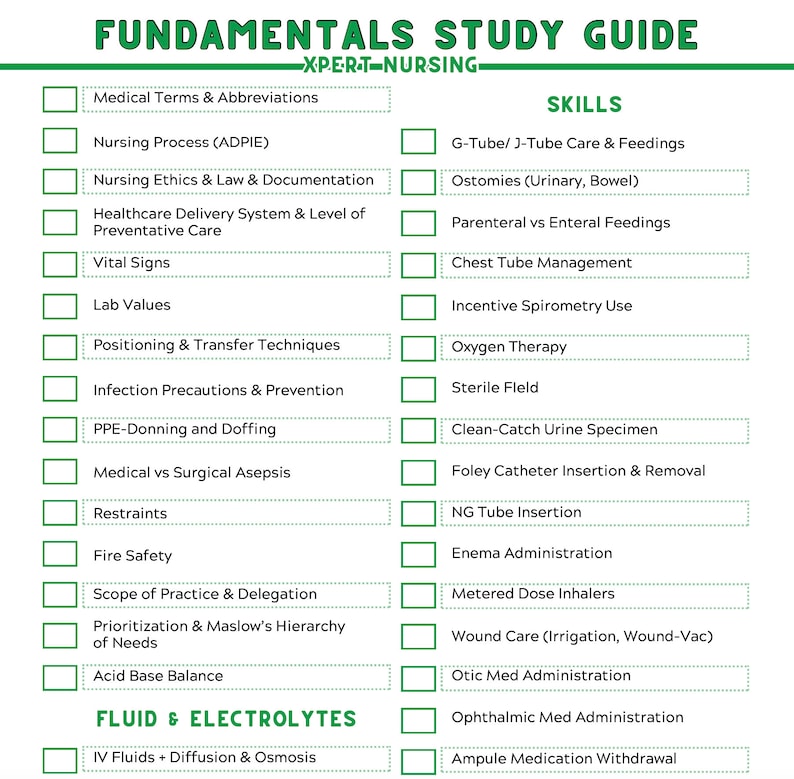 K&ouml;nnte beinhalten: Ein gr&uuml;n-wei&szlig;es Studienhandbuch mit dem Titel "Fundamentals Study Guide" mit einer Liste medizinischer Begriffe, Pflegeprozesse und F&auml;higkeiten. Der Leitfaden umfasst Themen wie Vitalzeichen, Sauerstofftherapie und Wundversorgung.