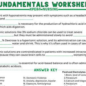 K&ouml;nnte beinhalten: Ein Arbeitsblatt zu den Grundlagen der Krankenpflege mit dem Titel "FUNDAMENTALS WORKSHEET" in gr&uuml;nem und wei&szlig;em Text. Das Arbeitsblatt enth&auml;lt L&uuml;ckentexte und einen Antwortschl&uuml;ssel mit Themen wie "Fl&uuml;ssigkeiten und Elektrolyte".