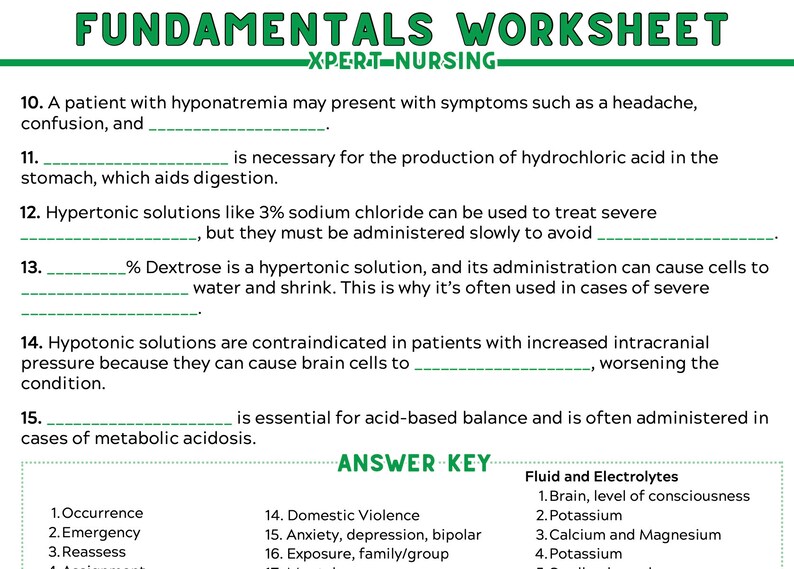 K&ouml;nnte beinhalten: Ein Arbeitsblatt zu den Grundlagen der Krankenpflege mit dem Titel "FUNDAMENTALS WORKSHEET" in gr&uuml;nem und wei&szlig;em Text. Das Arbeitsblatt enth&auml;lt L&uuml;ckentexte und einen Antwortschl&uuml;ssel mit Themen wie "Fl&uuml;ssigkeiten und Elektrolyte".