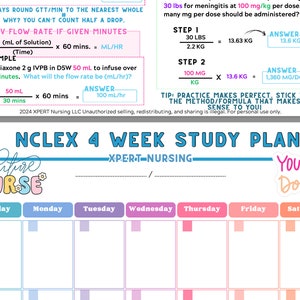 K&ouml;nnte beinhalten: Ein medizinischer Studienf&uuml;hrer mit Berechnungen und einem 4-Wochen-NCLEX-Studienplan. Der Leitfaden enth&auml;lt Formeln f&uuml;r IV-Flussraten und Dosierungsberechnungen mit Beispielen und Antworten. Der Studienplan hat einen farbenfrohen Wochenkalender.