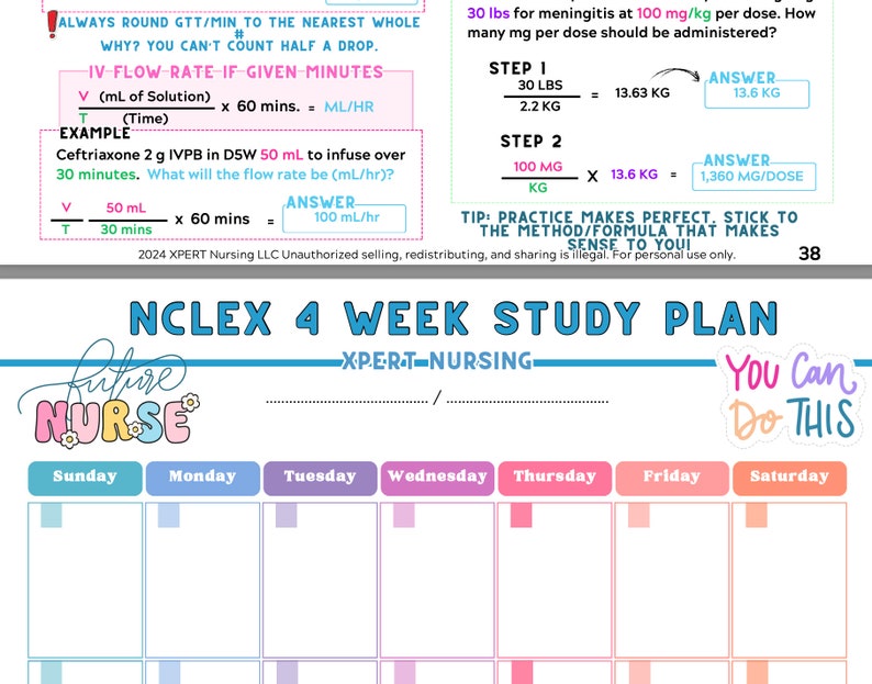 K&ouml;nnte beinhalten: Ein medizinischer Studienf&uuml;hrer mit Berechnungen und einem 4-Wochen-NCLEX-Studienplan. Der Leitfaden enth&auml;lt Formeln f&uuml;r IV-Flussraten und Dosierungsberechnungen mit Beispielen und Antworten. Der Studienplan hat einen farbenfrohen Wochenkalender.