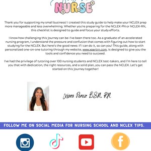 K&ouml;nnte beinhalten: Ein wei&szlig;er Flyer mit dem Text "Future Nurse" in einem farbenfrohen, floralen Design. Der Flyer enth&auml;lt Text zur NCLEX-Vorbereitung, ein Foto einer Frau und Social-Media-Symbole f&uuml;r Instagram, TikTok, YouTube und Facebook.
