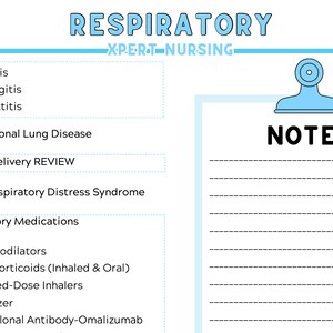 K&ouml;nnte beinhalten: Ein wei&szlig;es und hellblaues medizinisches Studienhandbuch mit dem Titel "RESPIRATORY" mit einer Checkliste von Atemwegserkrankungen und Medikamenten. Der Leitfaden enth&auml;lt einen Abschnitt f&uuml;r "NOTES" und wurde von "XPERT-NURSING" entworfen.