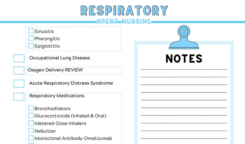 K&ouml;nnte beinhalten: Ein wei&szlig;es und hellblaues medizinisches Studienhandbuch mit dem Titel "RESPIRATORY" mit einer Checkliste von Atemwegserkrankungen und Medikamenten. Der Leitfaden enth&auml;lt einen Abschnitt f&uuml;r "NOTES" und wurde von "XPERT-NURSING" entworfen.