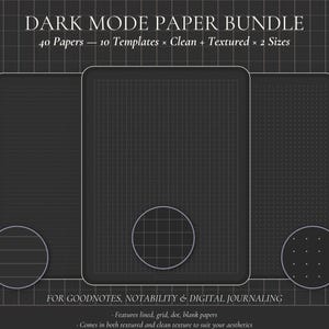 Puede incluir: Paquete de papel en modo oscuro con 40 papeles, 10 plantillas y 2 tamaños. El paquete de diario digital incluye papeles limpios y texturizados con opciones de líneas, cuadrículas, puntos y en blanco. Disponible en tamaños A4 y Carta. El texto dice "DARK MODE PAPER BUNDLE".