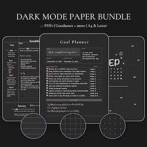 Op de afbeelding: Een digitaal papierpakket met een donker thema, met de tekst "DARK MODE PAPER BUNDLE" en "42 PDFs | Goodnotes + more | A4 & Letter". De afbeelding toont drie digitale pagina's met verschillende lay-outs, waaronder een Cornell-notitiesjabloon en een doelplanner.