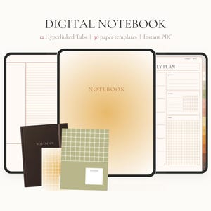 Op de afbeelding: Digitaal notitieboek met 12 hyperlinked tabs en 30 papiersjablonen. De afbeelding toont een digitaal notitieboek met een verloopomslag, een sjabloon voor een dagelijks plan en een klein notitieboek. De tekst op de omslag luidt "NOTEBOOK".