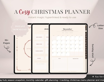 May include: A Cozy Christmas Planner digital download displayed on three tablets. The planner features a calendar, holiday planning sections, and the text "Instant Download." The design includes a neutral color palette with red accents and the text "35+ Pages."