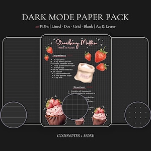 Op de afbeelding: Een digitaal papierpakket met een donkere modus thema. De afbeelding toont een recept voor aardbeienmuffins, met illustraties van aardbeien en cupcakes. De tekst bevat "DARK MODE PAPER PACK" en "GOODNOTES + MORE". Het pakket bevat gelijnde, gestippelde, geruite, blanco, A4 en letter formaten.