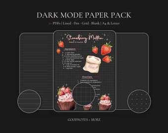 May include: A digital paper pack with a dark mode theme. The image features a recipe for strawberry muffins, with illustrations of strawberries and cupcakes. The text includes "DARK MODE PAPER PACK" and "GOODNOTES + MORE". The pack includes lined, dot, grid, blank, A4, and letter formats.