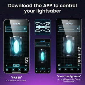 May include: Two screenshots of a mobile app for controlling a lightsaber. The app is called "Xeno" and has a blue crystal lightsaber in the center of the screen. The left screenshot is for iOS and the right screenshot is for Android.