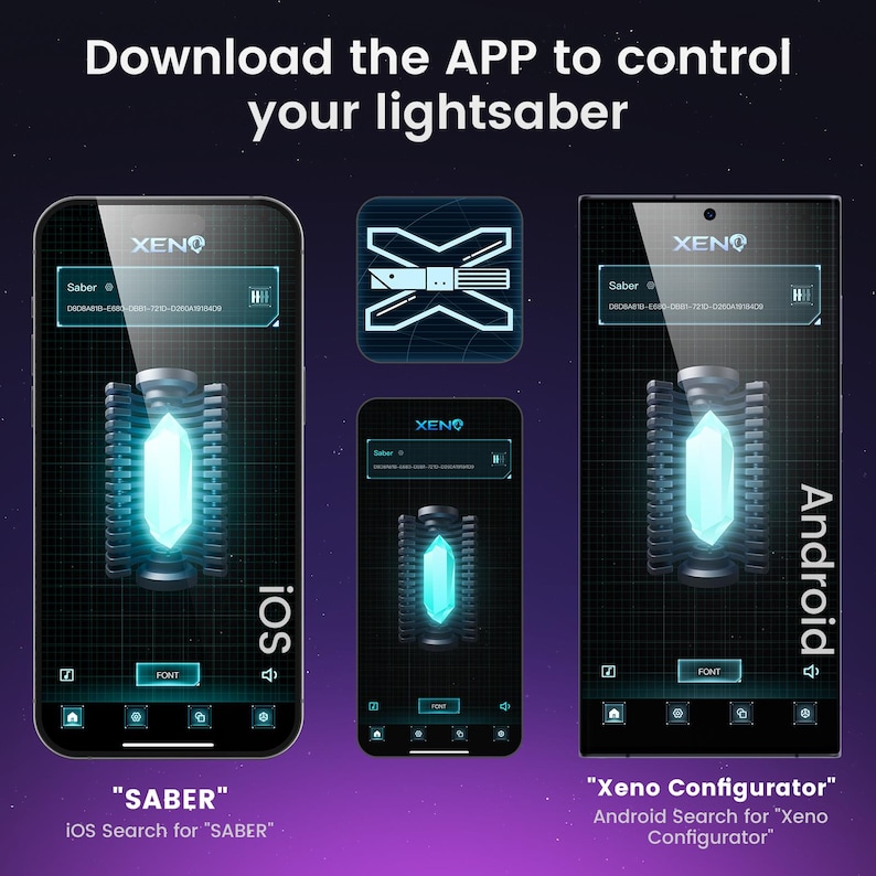 May include: Two screenshots of a mobile app for controlling a lightsaber. The app is called "Xeno" and has a blue crystal lightsaber in the center of the screen. The left screenshot is for iOS and the right screenshot is for Android.