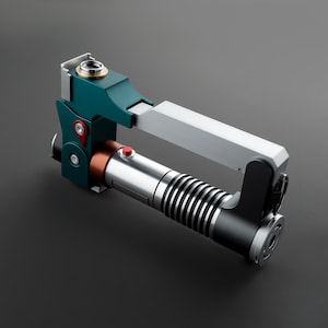 May include: A teal, silver, and black lightsaber with a red button and a small, hinged handle. The lightsaber is in a folded position.