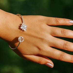 925 Sterling Silver Dual Flower & Rose Cuff Bracelet – Adjustable Open Bangle for Women