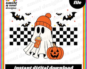 Süßer Geist Trinkt Kaffee Halloween PNG Geist Png Trendy PNG Bougie Geist Png Karierter Png Eiskaffee Geist Png Gruselige Jahreszeit Png