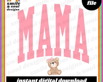 Download digitale di Mama Bear PNG, design rosa carino per mamma, orsacchiotto, clipart per magliette, fiocco rosa Coquette, baby show, regali e artigianato