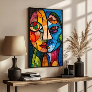 Colorful Expressions of Love and Happiness: A Vibrant Abstract Canvas Painting in Cubist Style, Ideal as a Unique Art Gift