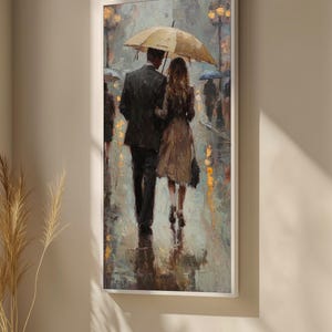 Romantic Couple Under Umbrella Canvas Painting - Rainy City Walk Art Gift for Romantic Wall Decor