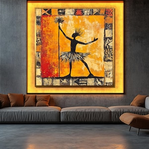 Tribal Dancer Canvas Painting – African Silhouette Wall Art, Ready to Hang, Cultural Gift for Boho Homes