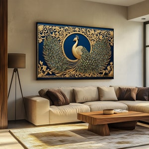 Ornate Peacock with Golden Feathers – A Luxurious and Elegant Canvas Painting, Ideal for Sophisticated Home Decor and Gift Ideas