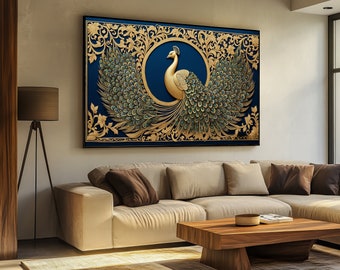 Ornate Peacock with Golden Feathers – A Luxurious and Elegant Canvas Painting, Ideal for Sophisticated Home Decor and Gift Ideas
