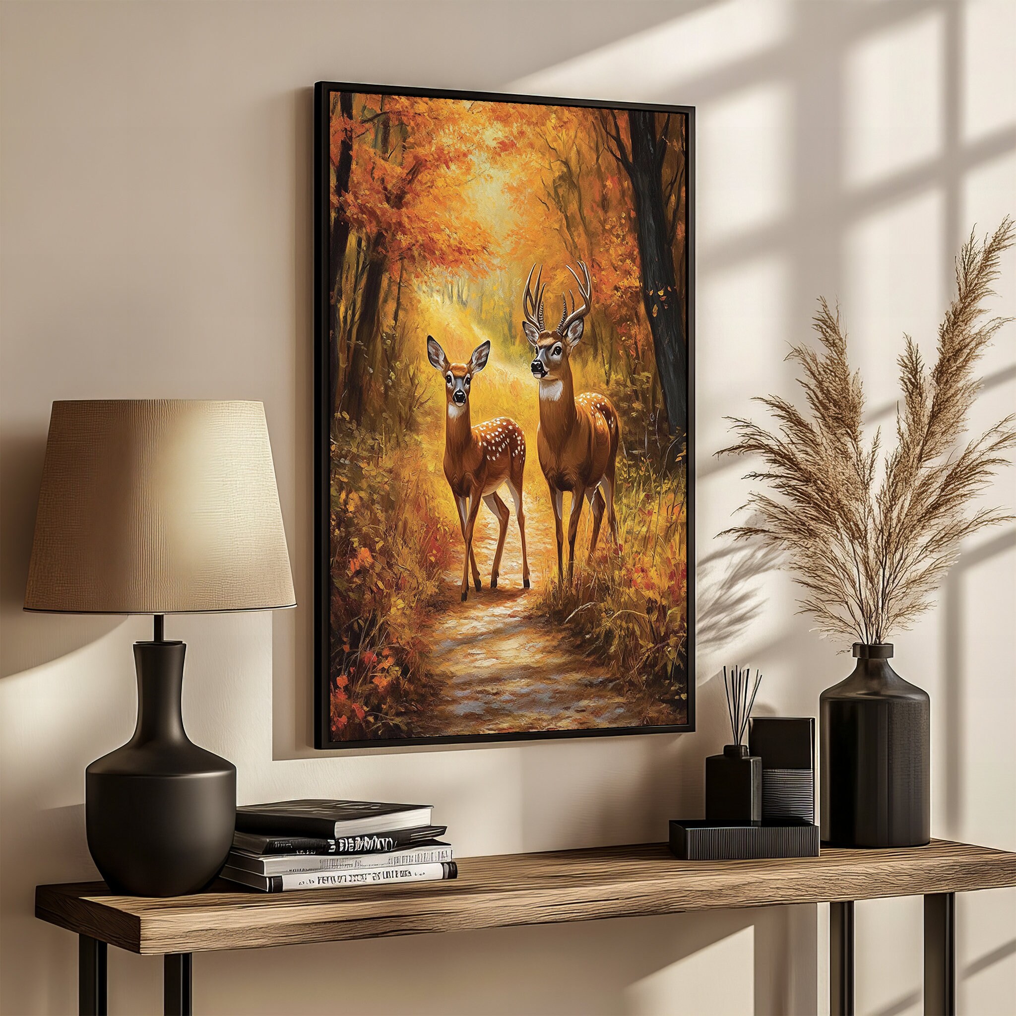 Buck and Doe in Autumn Forest Canvas Painting - A Tranquil Nature-Inspired Gift for Wildlife and Art Enthusiasts