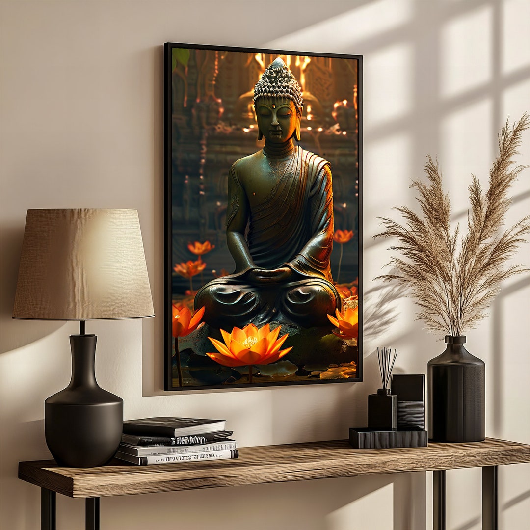 Serene Buddha Sitting on Lotus Flower – Spiritual Canvas Painting for ...
