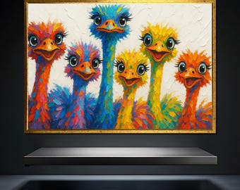 Colorful Ostrich Canvas Painting | Ready to Hang Fun Wall Art | Whimsical Gift for Animal Lovers | Vibrant Bird Home Decor